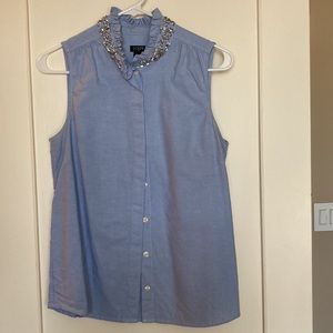 J Crew Factory ruffle jeweled collar sleeveless blouse blue size 4
